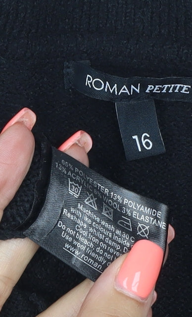 Roman Petite Black Knit Collared Button Knee Length Shirt Dress Size 16