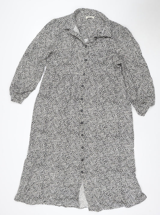 Albaray Womens Black Floral Cotton Long Sleeve Midi Shirt Dress Size 10