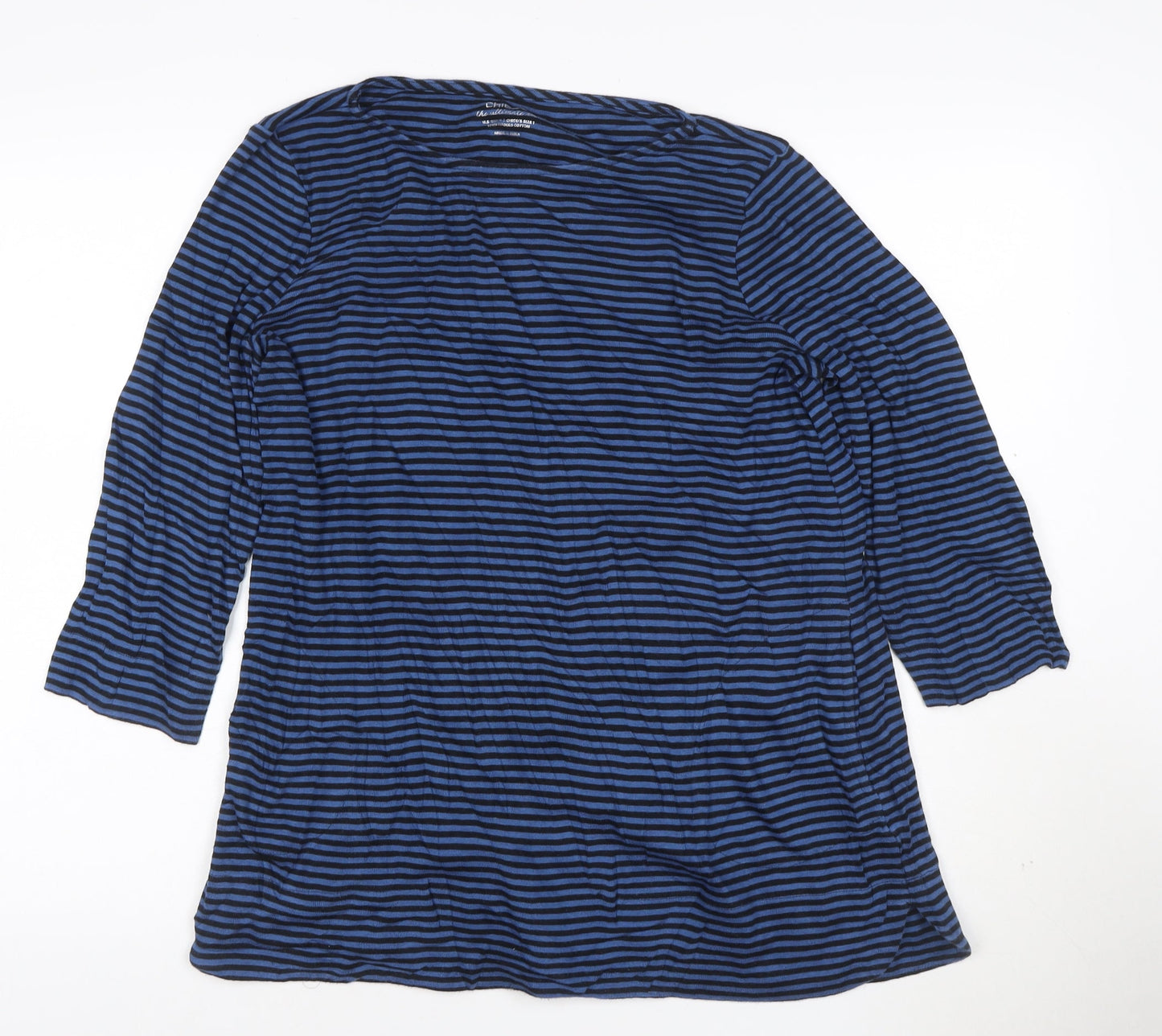 Chico's Women's Blue Striped 3/4 Sleeve Cotton Boat Neck Top Size L