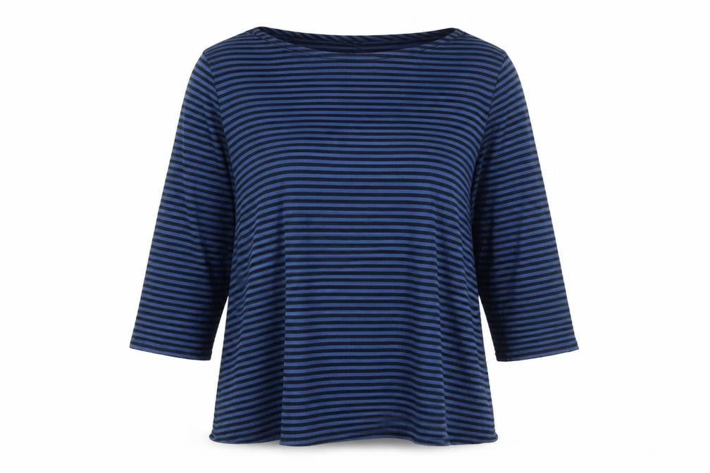 Chico's Women's Blue Striped 3/4 Sleeve Cotton Boat Neck Top Size L