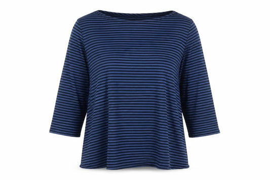 Chico's Women's Blue Striped 3/4 Sleeve Cotton Boat Neck Top Size L
