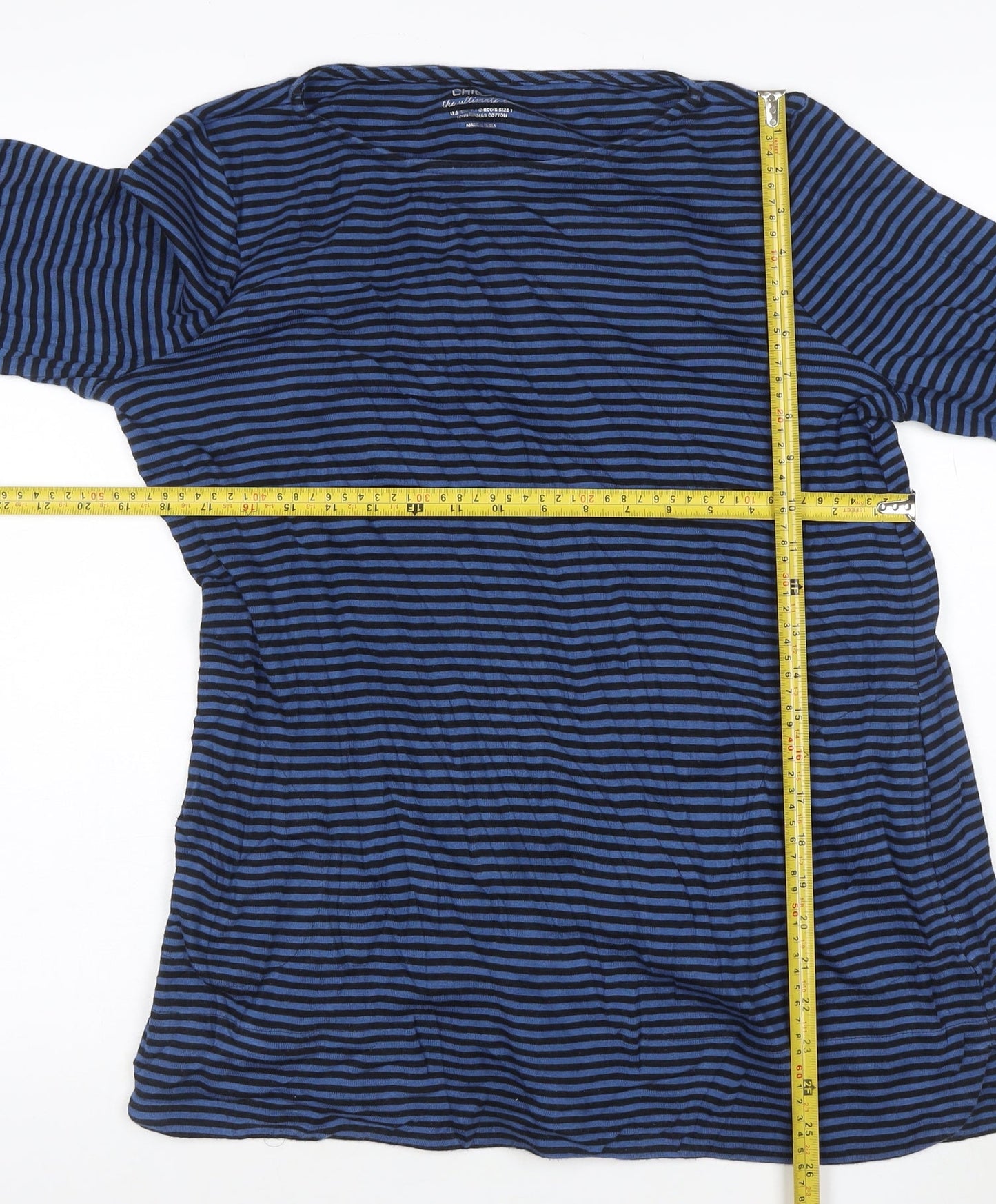 Chico's Women's Blue Striped 3/4 Sleeve Cotton Boat Neck Top Size L