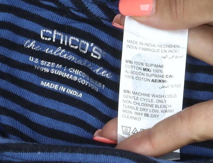 Chico's Women's Blue Striped 3/4 Sleeve Cotton Boat Neck Top Size L