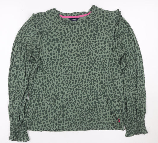 Joules Women Green Animal Print Ruffle Long Sleeve Cotton Blouse UK 6