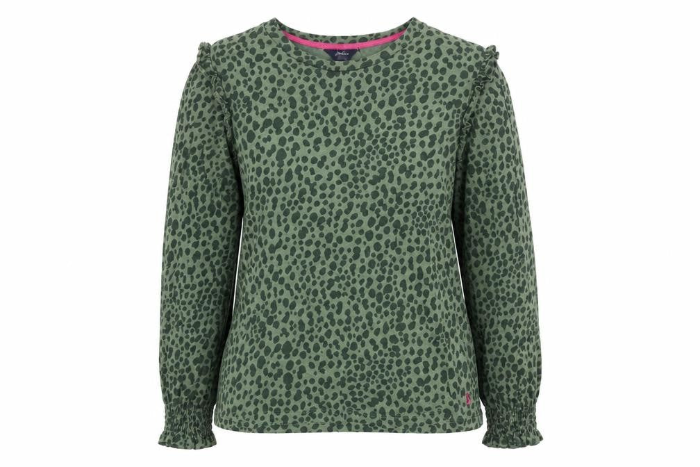 Joules Women Green Animal Print Ruffle Long Sleeve Cotton Blouse UK 6