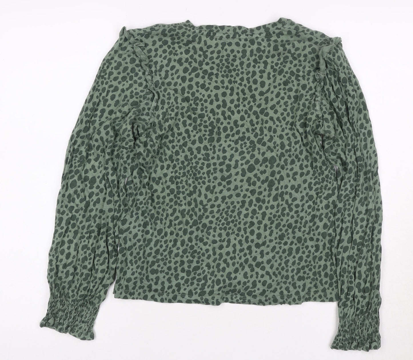 Joules Women Green Animal Print Ruffle Long Sleeve Cotton Blouse UK 6