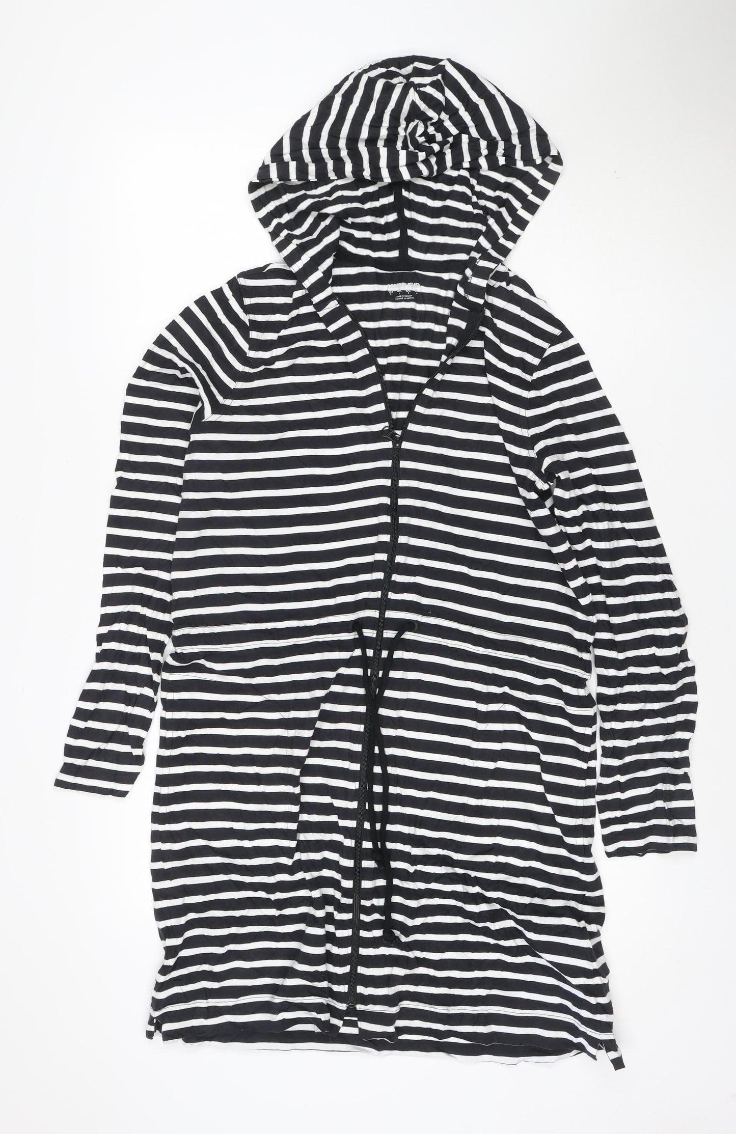Lands' End Women's Black Striped Cotton Hooded T-Shirt Dress S