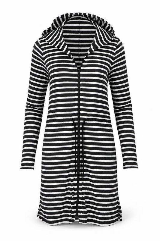 Lands' End Women's Black Striped Cotton Hooded T-Shirt Dress S