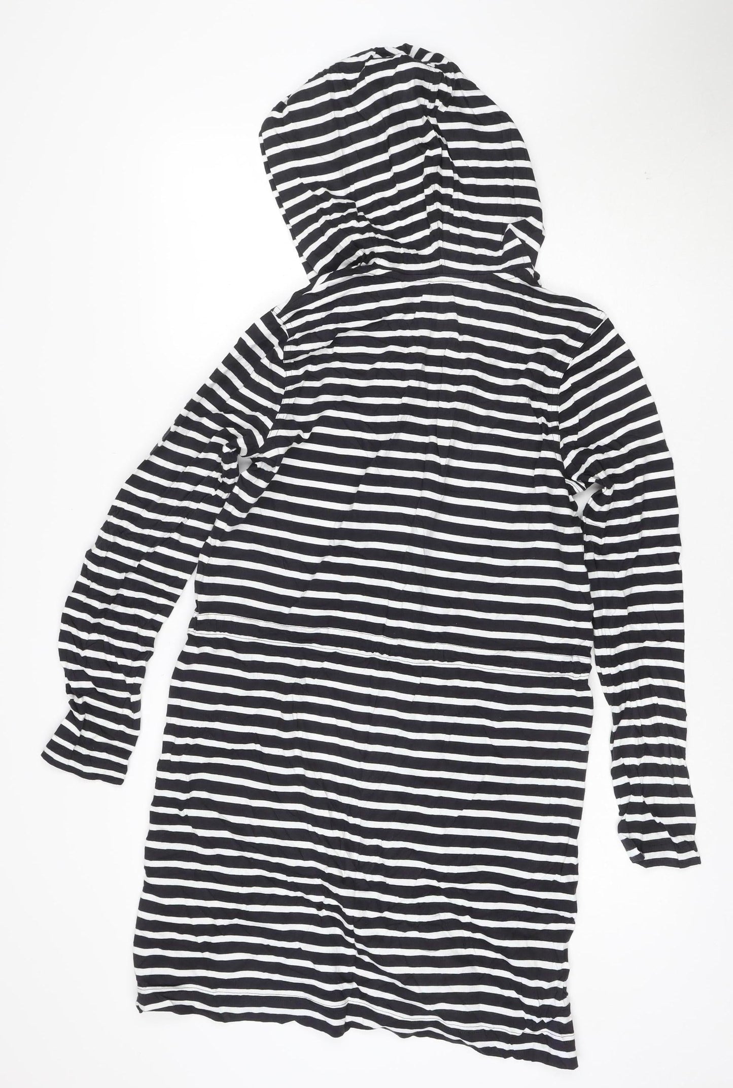 Lands' End Women's Black Striped Cotton Hooded T-Shirt Dress S