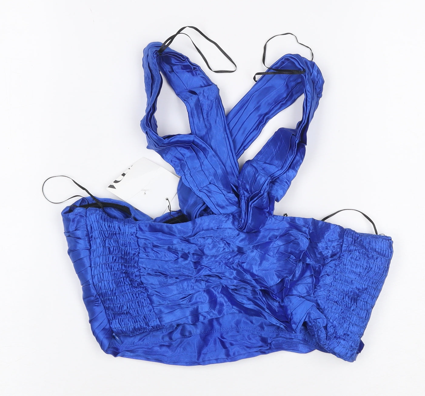ZARA Women Blue Wrap Satin Sleeveless Bow Blouse Size S