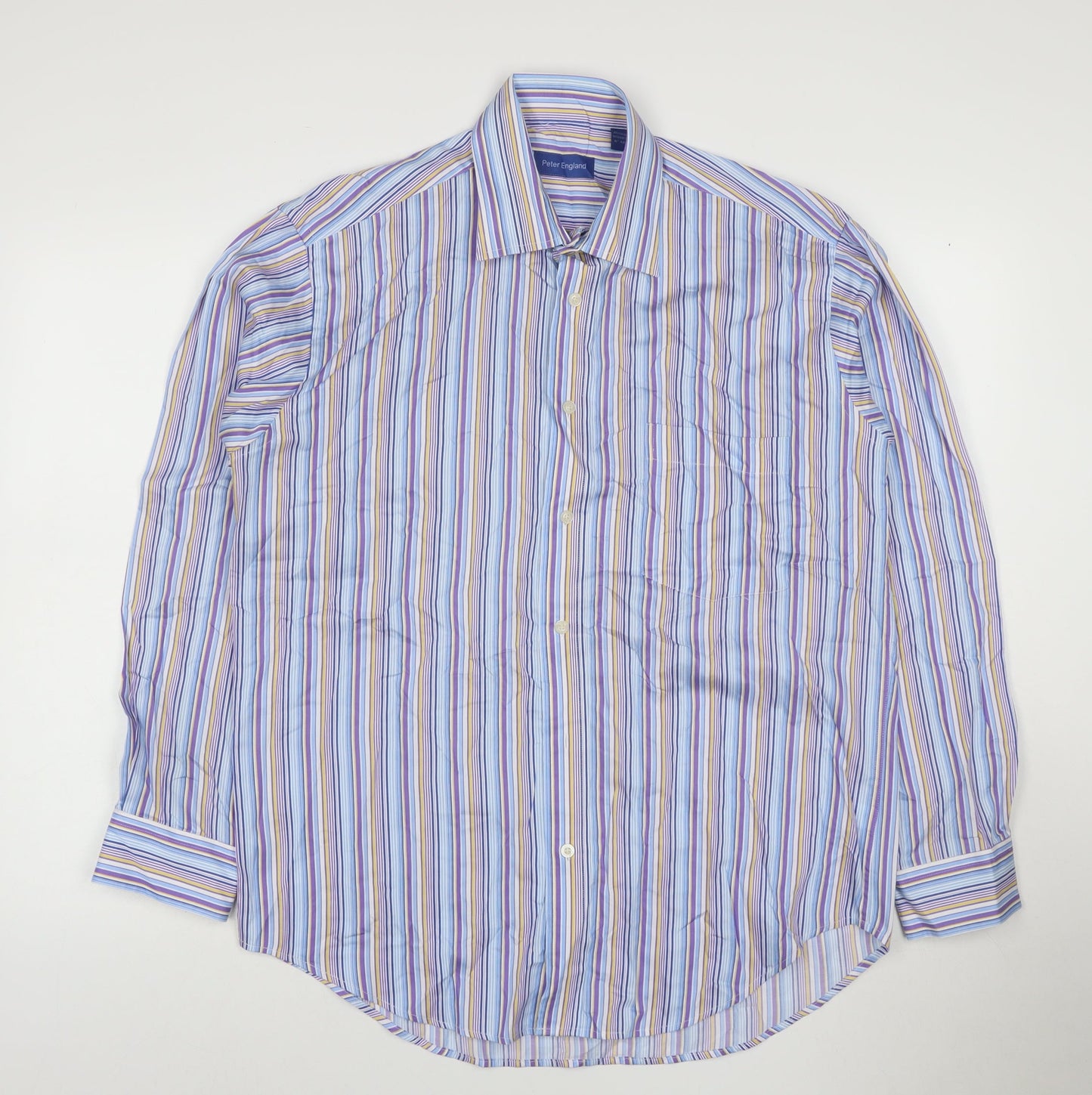 Peter England Men's Blue Striped Long Sleeve Cotton Blend Shirt 16in Collar
