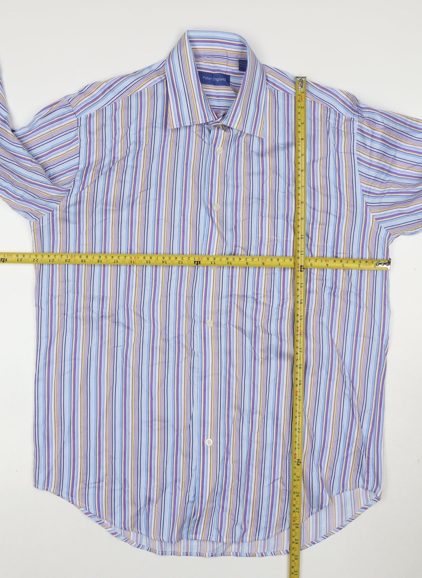 Peter England Men's Blue Striped Long Sleeve Cotton Blend Shirt 16in Collar