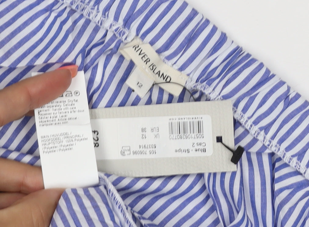 River Island Women Blue Striped Off Shoulder Blouse Size 12