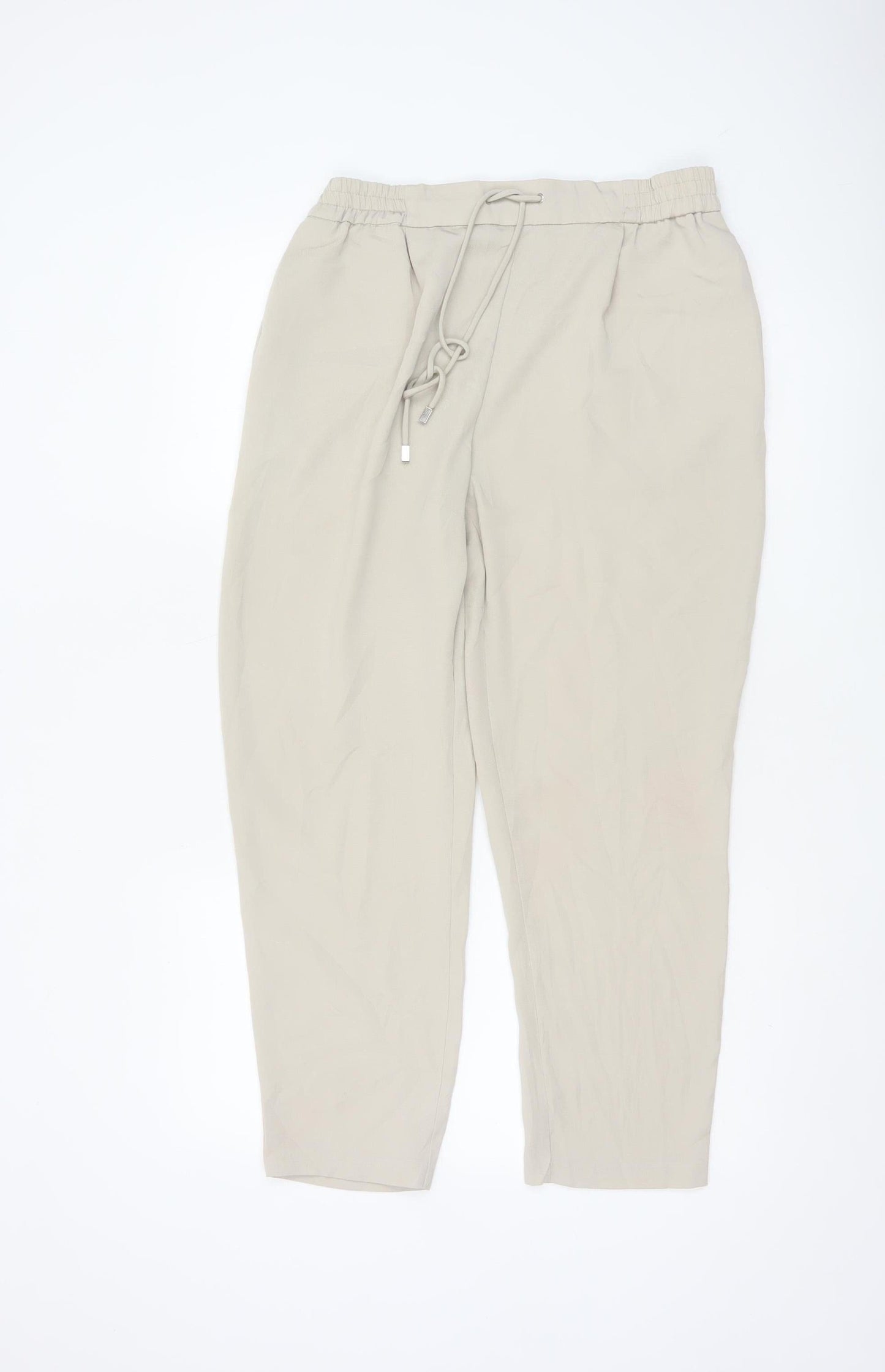 Zara Women Beige Cropped Trousers Size 12 Polyester Drawstring Waist