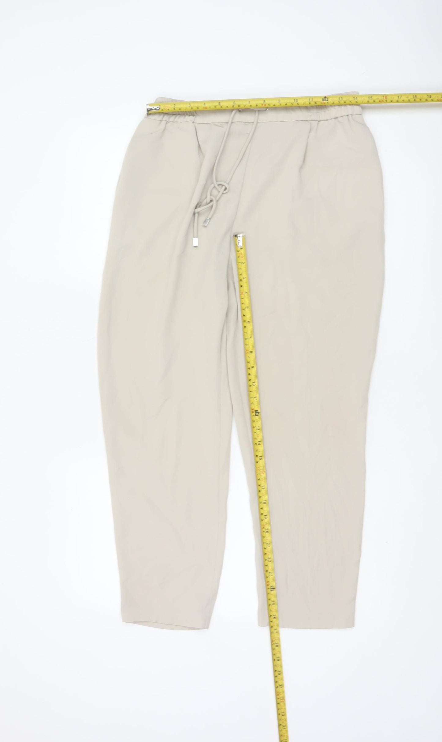 Zara Women Beige Cropped Trousers Size 12 Polyester Drawstring Waist