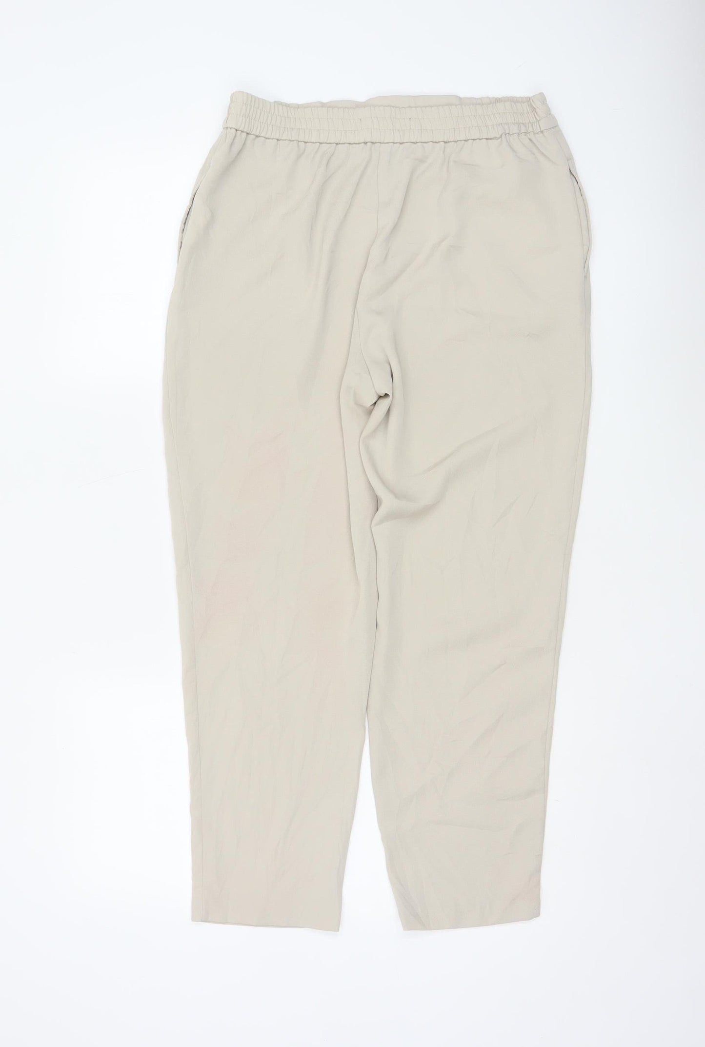 Zara Women Beige Cropped Trousers Size 12 Polyester Drawstring Waist
