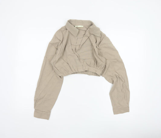 Pull&Bear Women’s Beige Cropped Collared Blouse XS Linen Blend