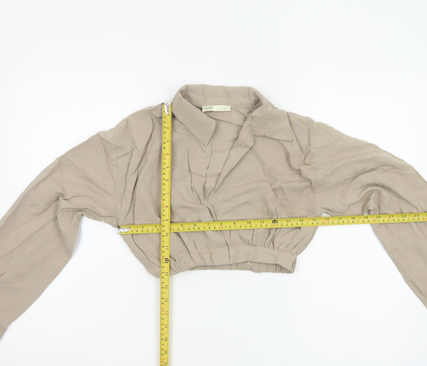 Pull&Bear Women’s Beige Cropped Collared Blouse XS Linen Blend