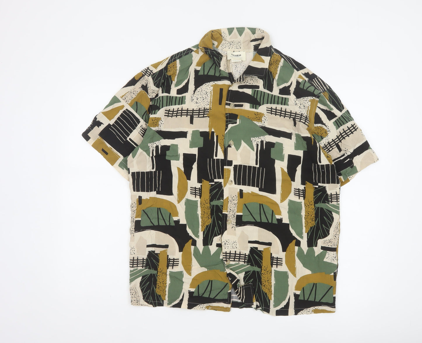 Pull & Bear Men's Multicoloured Geometric Short Sleeve Viscose Shirt L
