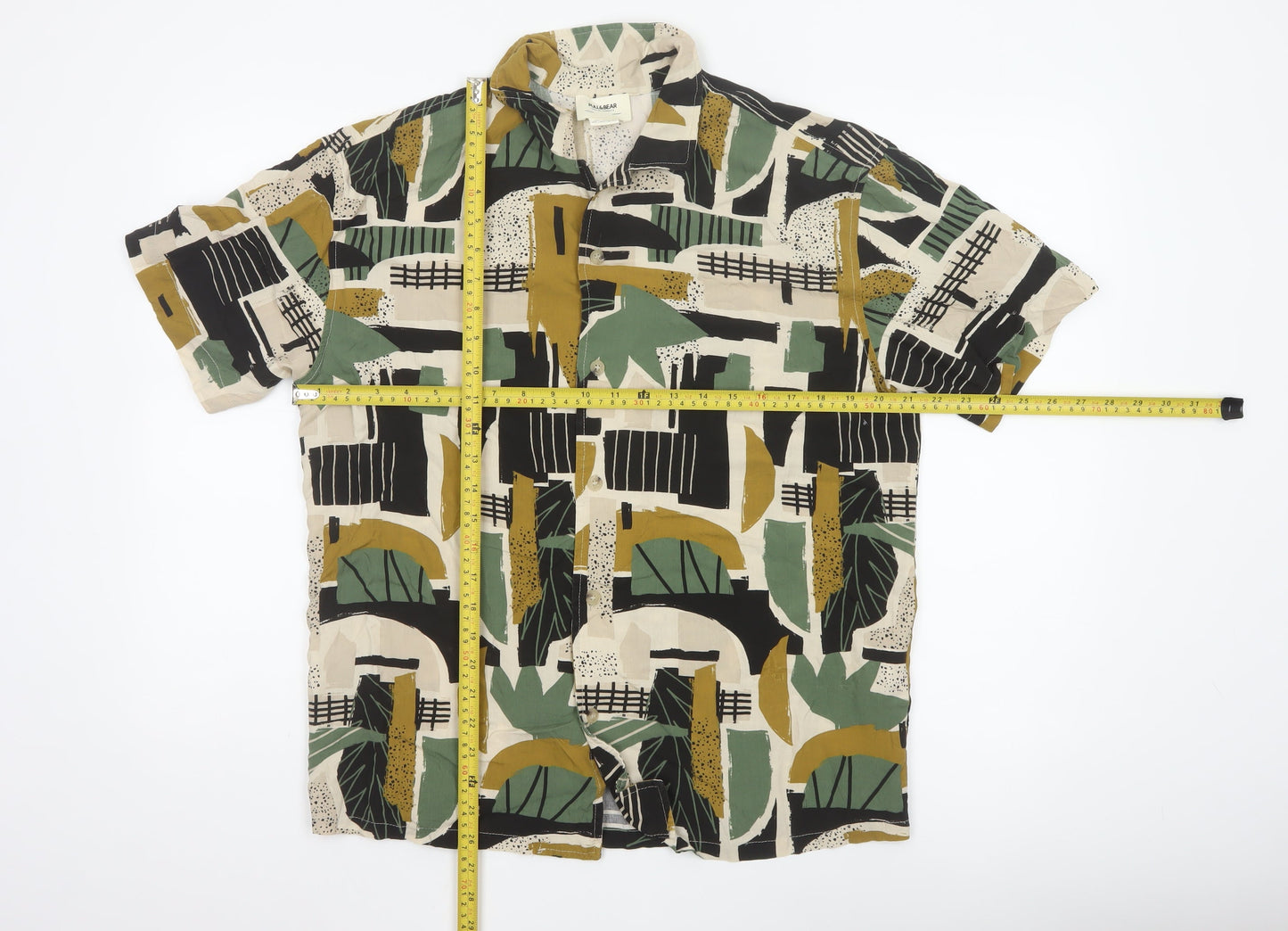Pull & Bear Men's Multicoloured Geometric Short Sleeve Viscose Shirt L