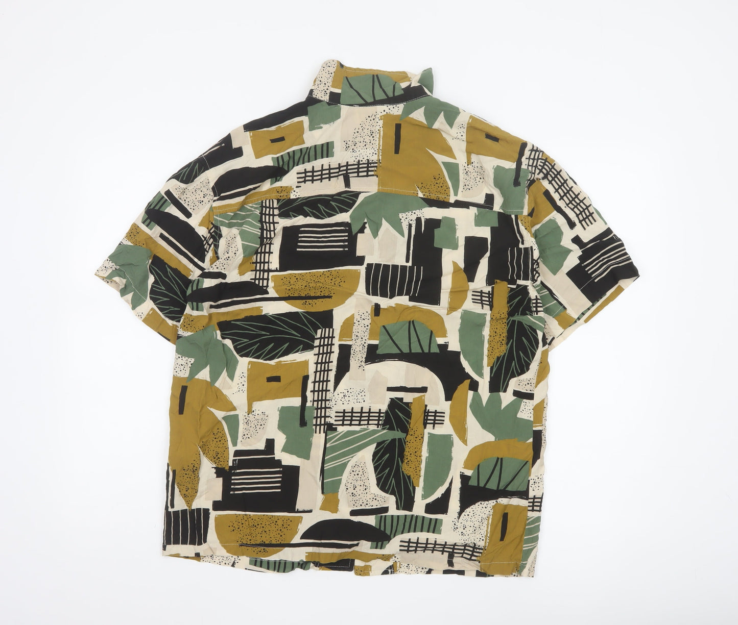 Pull & Bear Men's Multicoloured Geometric Short Sleeve Viscose Shirt L