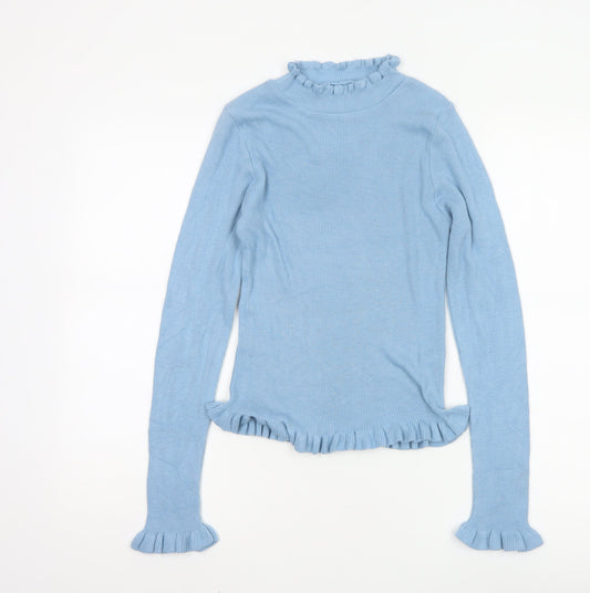 ASOS DESIGN Women's Blue Mock Neck Ruffle Slim Fit Jumper Size 10