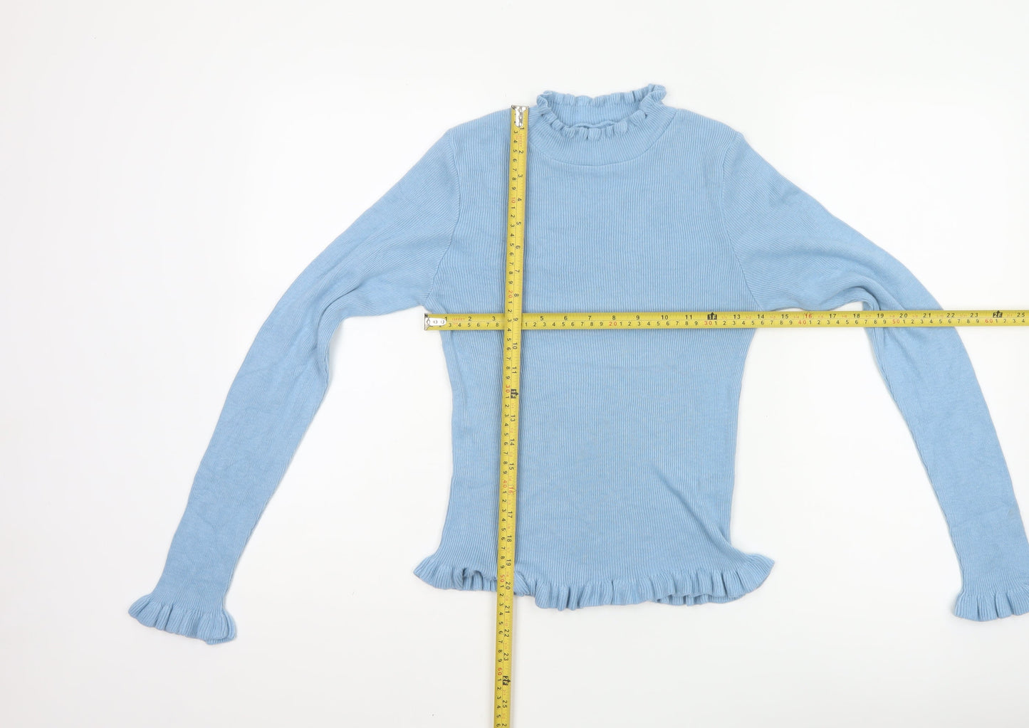 ASOS DESIGN Women's Blue Mock Neck Ruffle Slim Fit Jumper Size 10