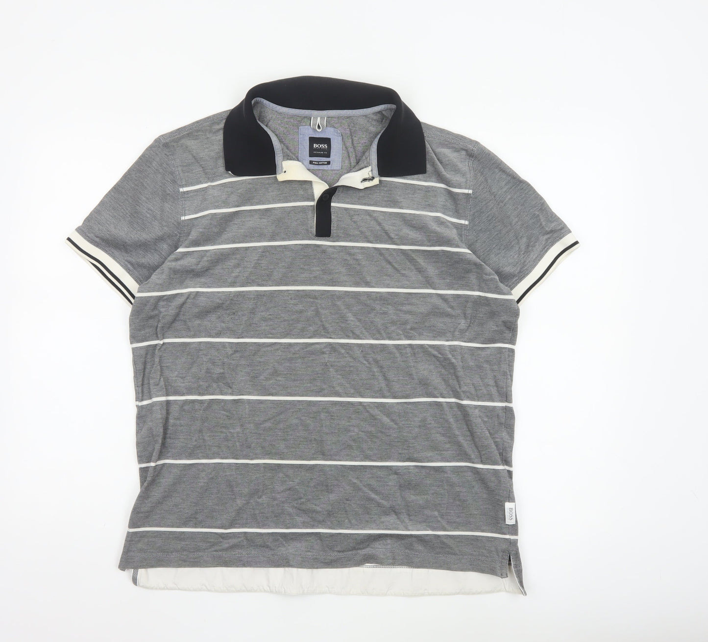 Hugo Boss Men's Grey Striped Regular Fit Pima Cotton Polo Shirt XL