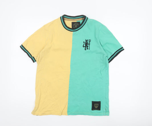 Football Town Men's Yellow Green Colourblock Cotton T-Shirt M