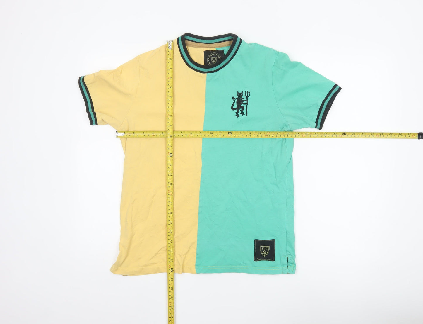Football Town Men's Yellow Green Colourblock Cotton T-Shirt M
