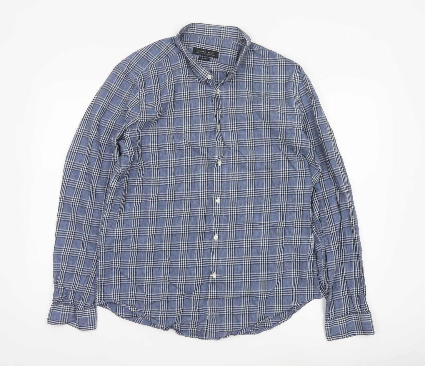 Zara Man Blue Check Slim Fit Button-Up Shirt Men’s XL Long Sleeve