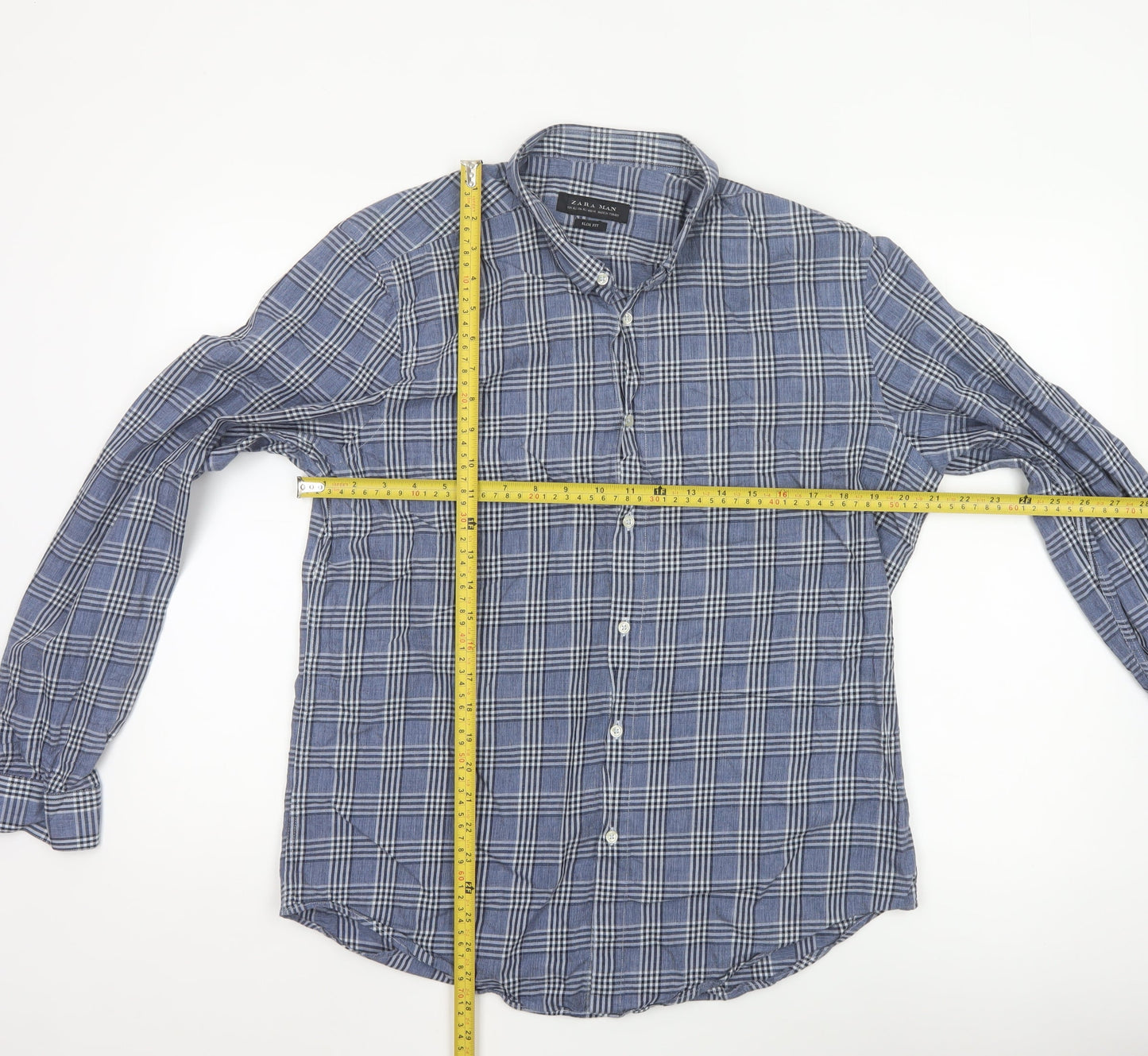 Zara Man Blue Check Slim Fit Button-Up Shirt Men’s XL Long Sleeve