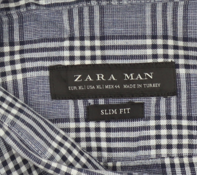 Zara Man Blue Check Slim Fit Button-Up Shirt Men’s XL Long Sleeve