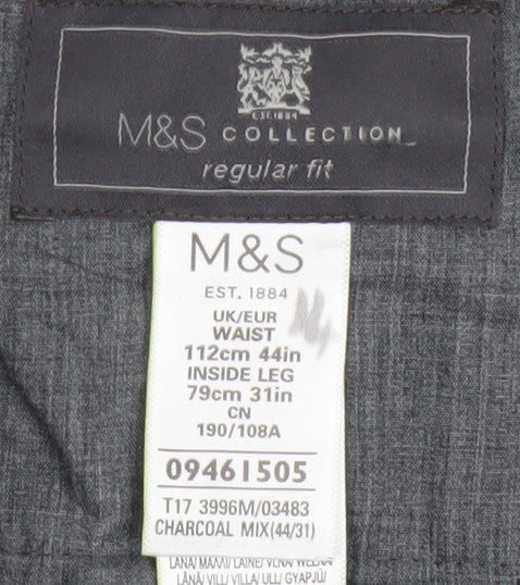 Marks and Spencer Men's Grey Wool Blend Regular Fit Trousers 44W 31L