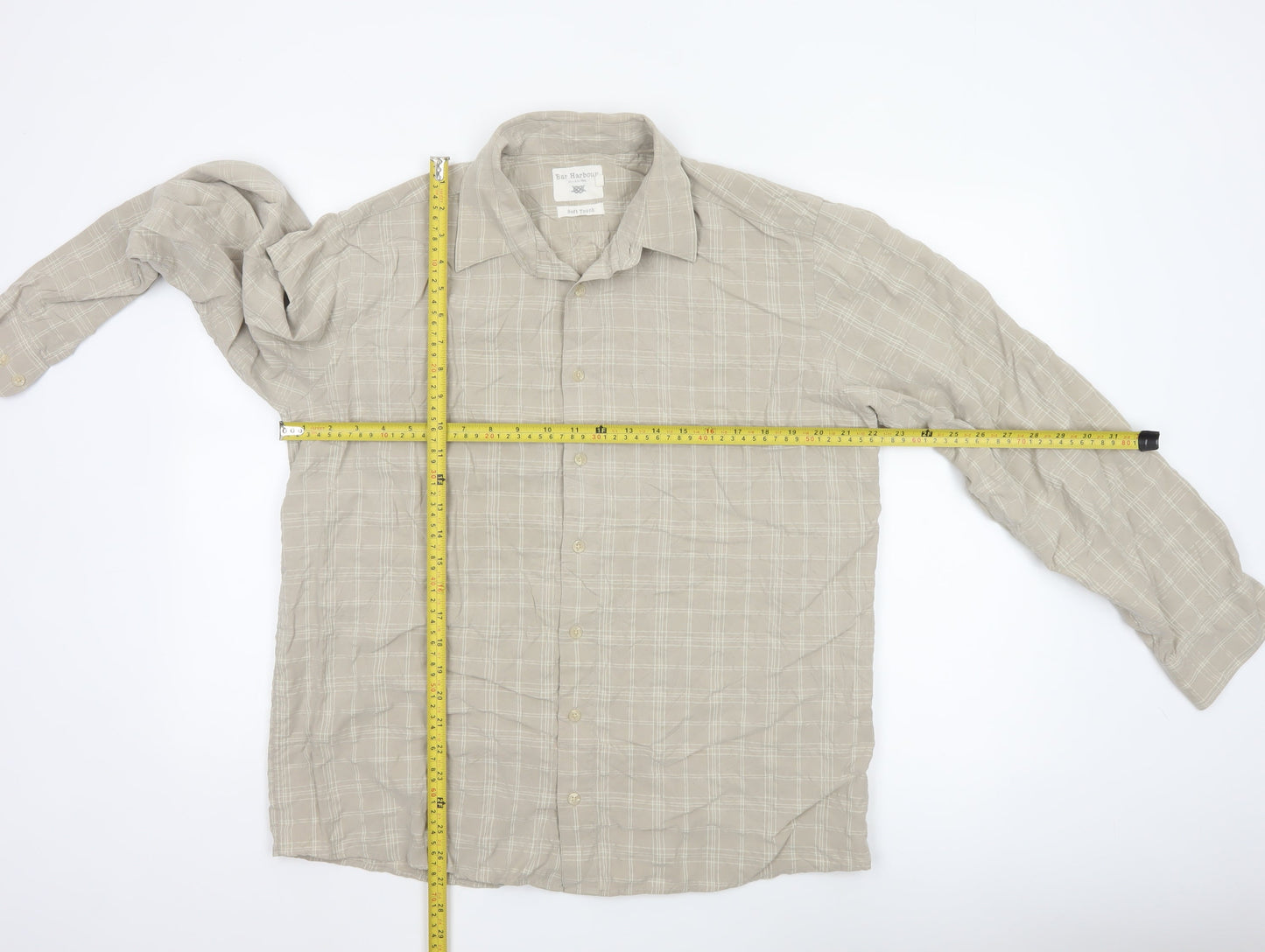 Bar Harbour Men's Beige Check Long Sleeve Button-Up Shirt L