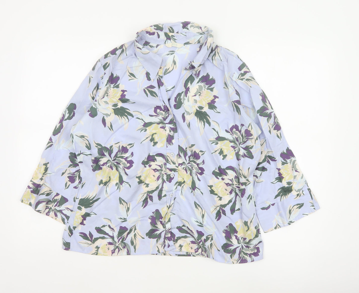 Marks and Spencer Women's Floral Blouse Blue Multi UK 18 Cotton 3/4 Sleeve