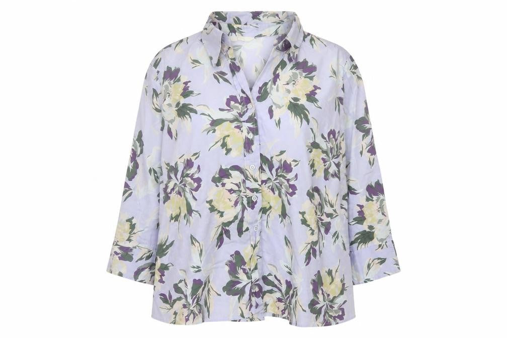 Marks & Spencer Women's Floral Blouse Blue Multi UK 18 Cotton 3/4 Sleeve