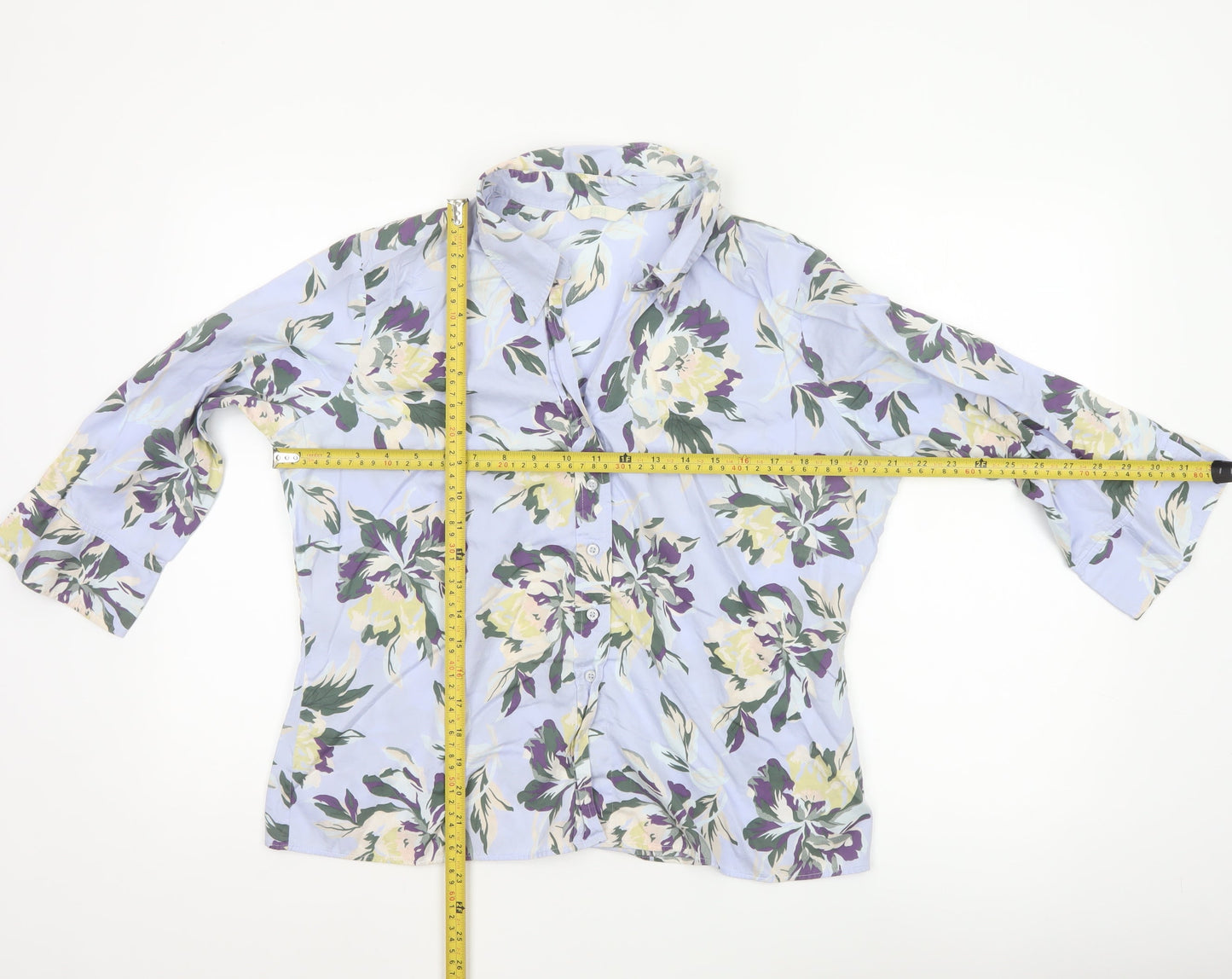 Marks and Spencer Women's Floral Blouse Blue Multi UK 18 Cotton 3/4 Sleeve
