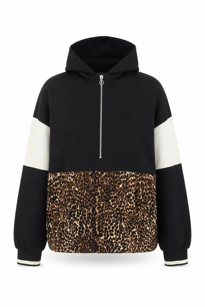 Zara Basic Women's Black Leopard Half Zip Hoodie Size 12