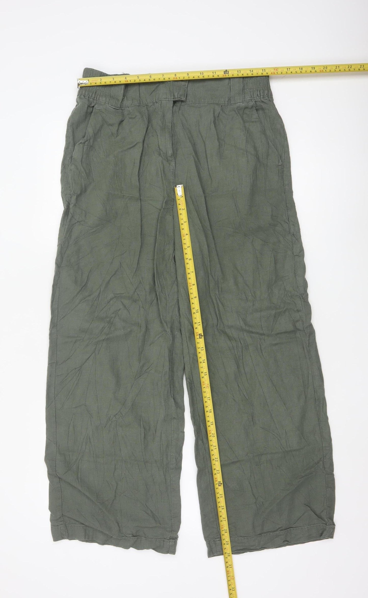 Next Women's Khaki Linen Blend Wide-Leg Trousers Size 14R