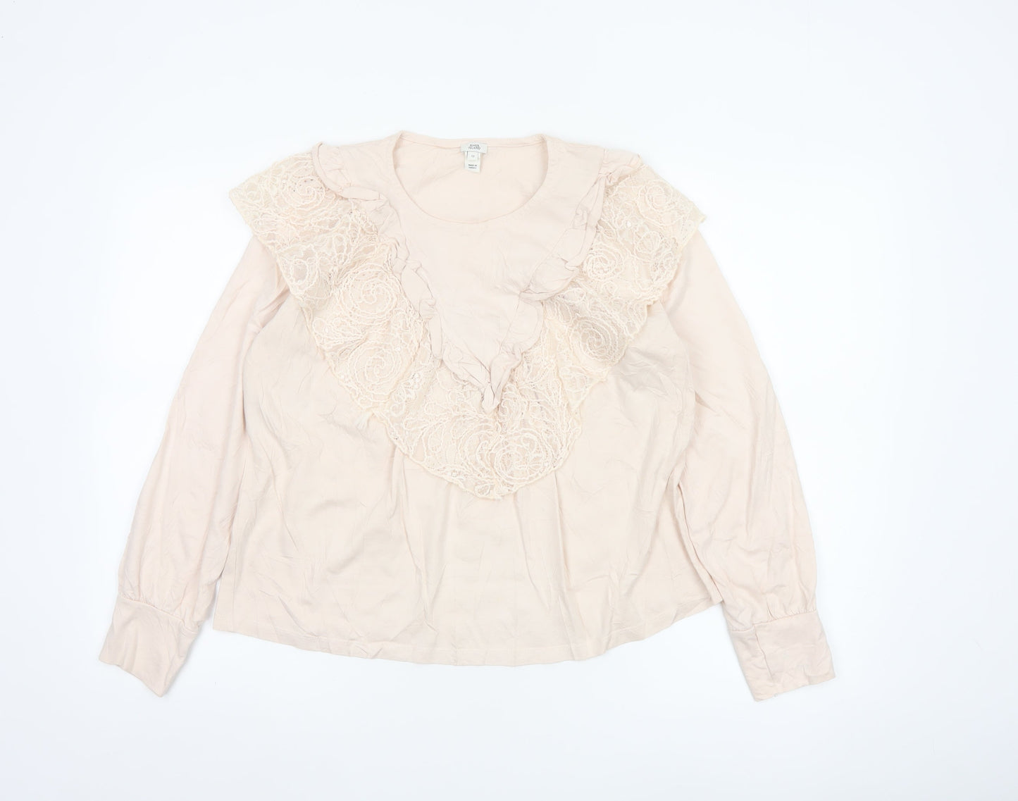 River Island Women’s Beige Lace Ruffle Long Sleeve Tunic Blouse Size 12
