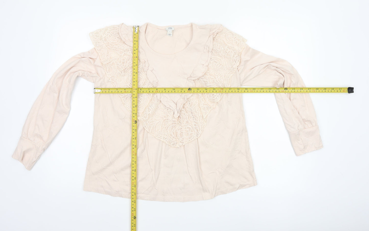River Island Women’s Beige Lace Ruffle Long Sleeve Tunic Blouse Size 12