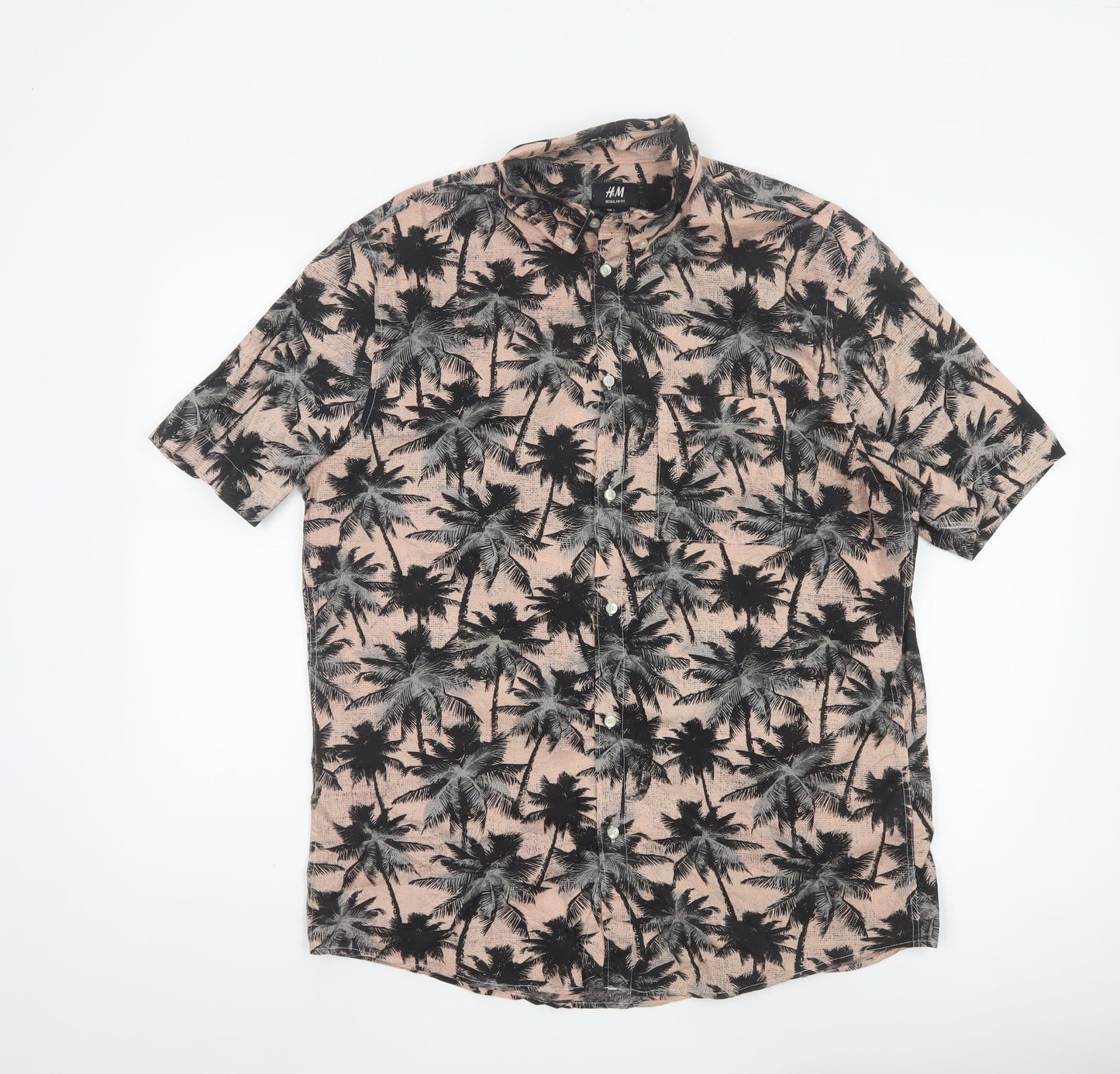 H&M Men's Beige Tropical Palm Print Regular Fit Short Sleeve Cotton Shirt L