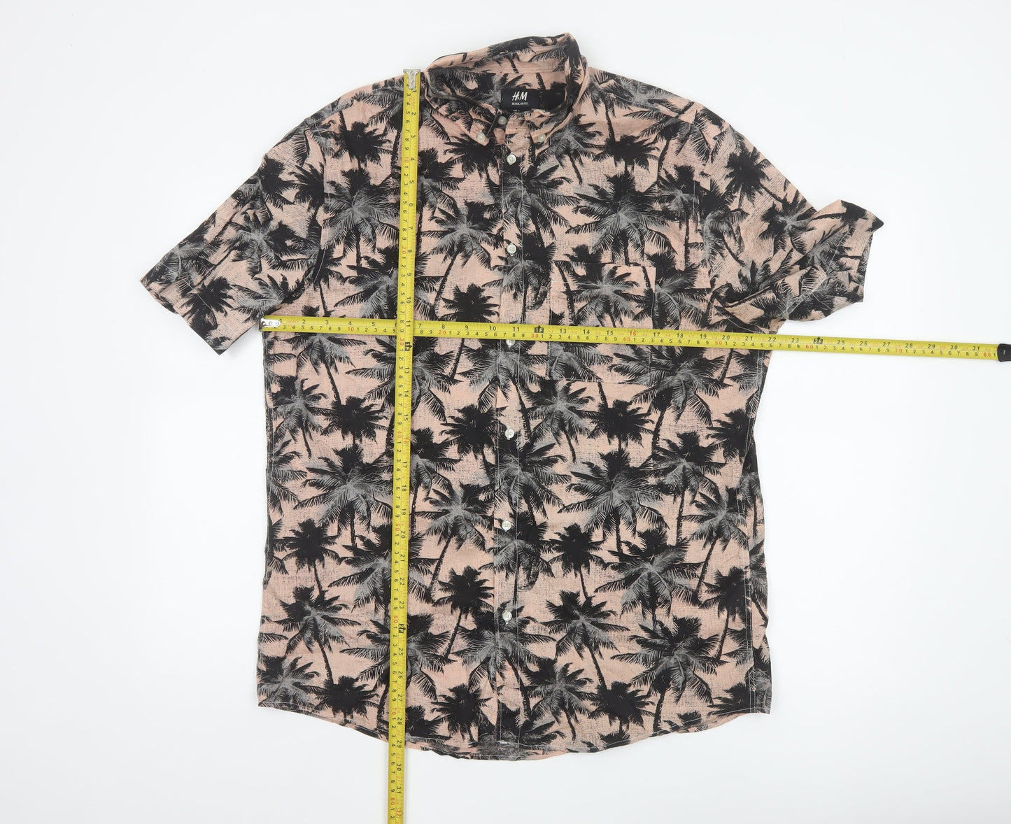 H&M Men's Beige Tropical Palm Print Regular Fit Short Sleeve Cotton Shirt L