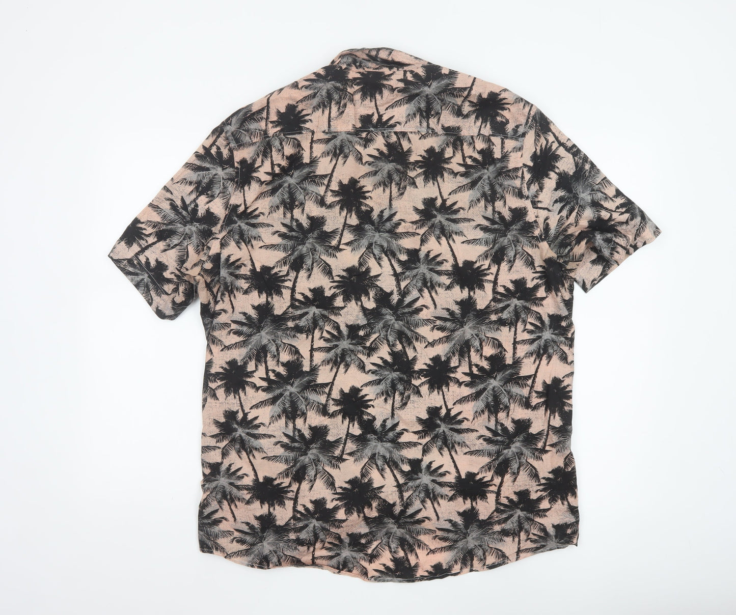 H&M Men's Beige Tropical Palm Print Regular Fit Short Sleeve Cotton Shirt L