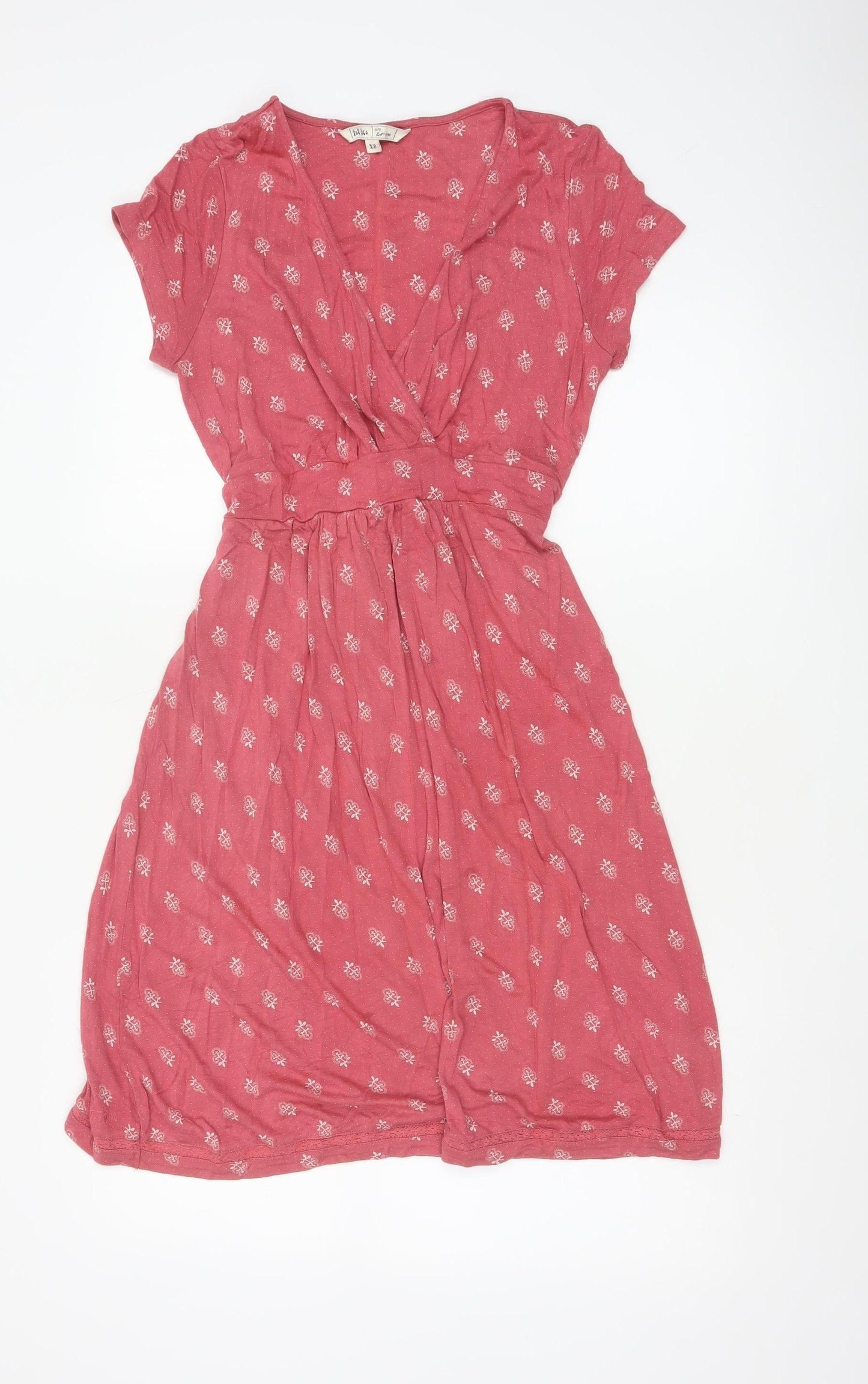 Fat Face Women Pink Floral Wrap Dress Size 12 Viscose Short Sleeve