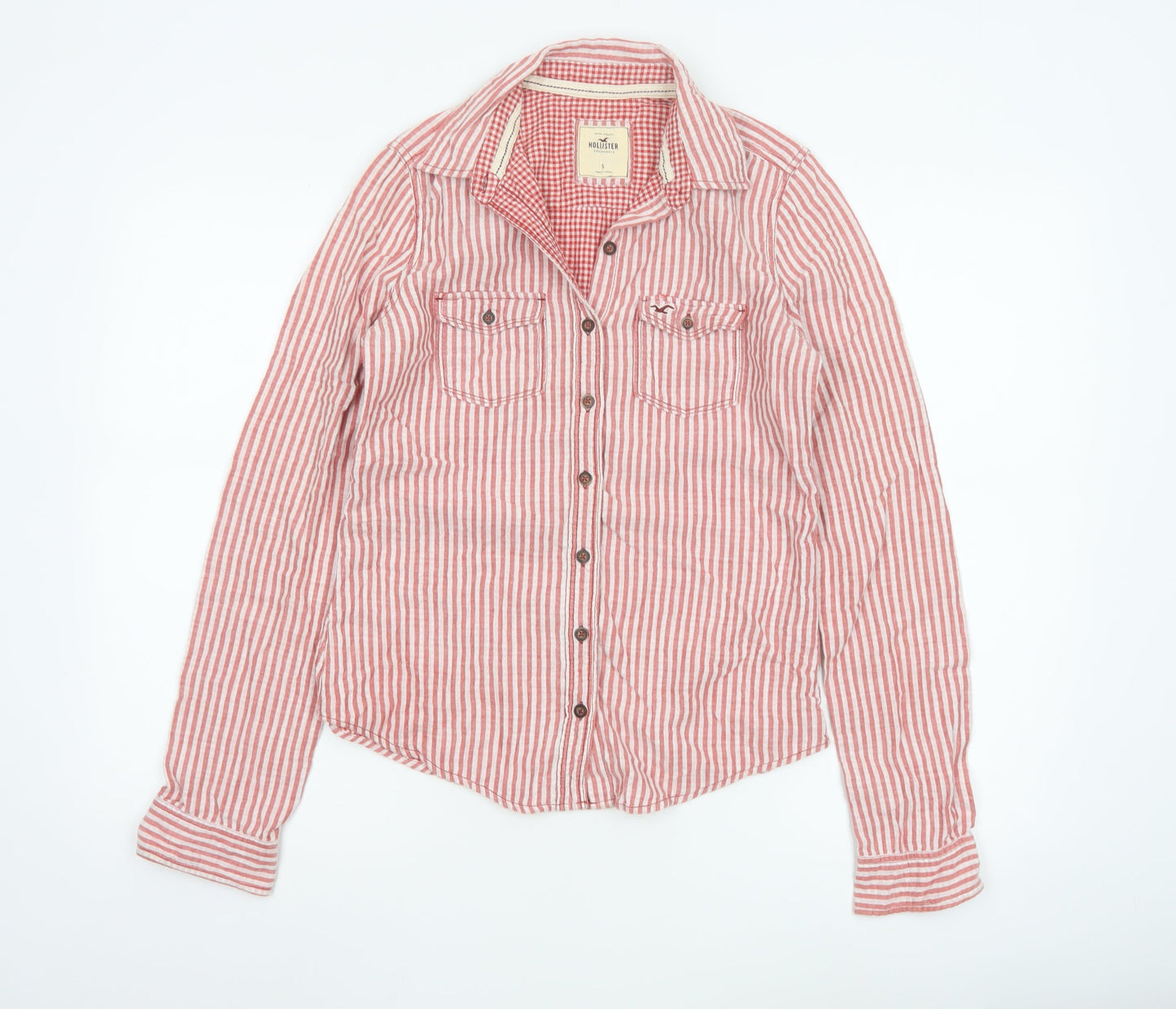 Hollister Women Red Striped Button-Up Shirt Small Cotton Casual