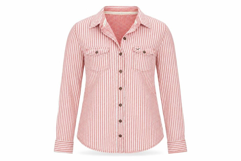 Hollister Women Red Striped Button-Up Shirt Small Cotton Casual