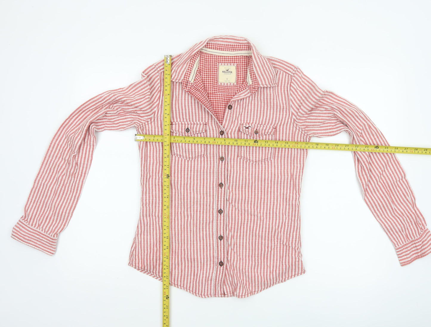 Hollister Women Red Striped Button-Up Shirt Small Cotton Casual