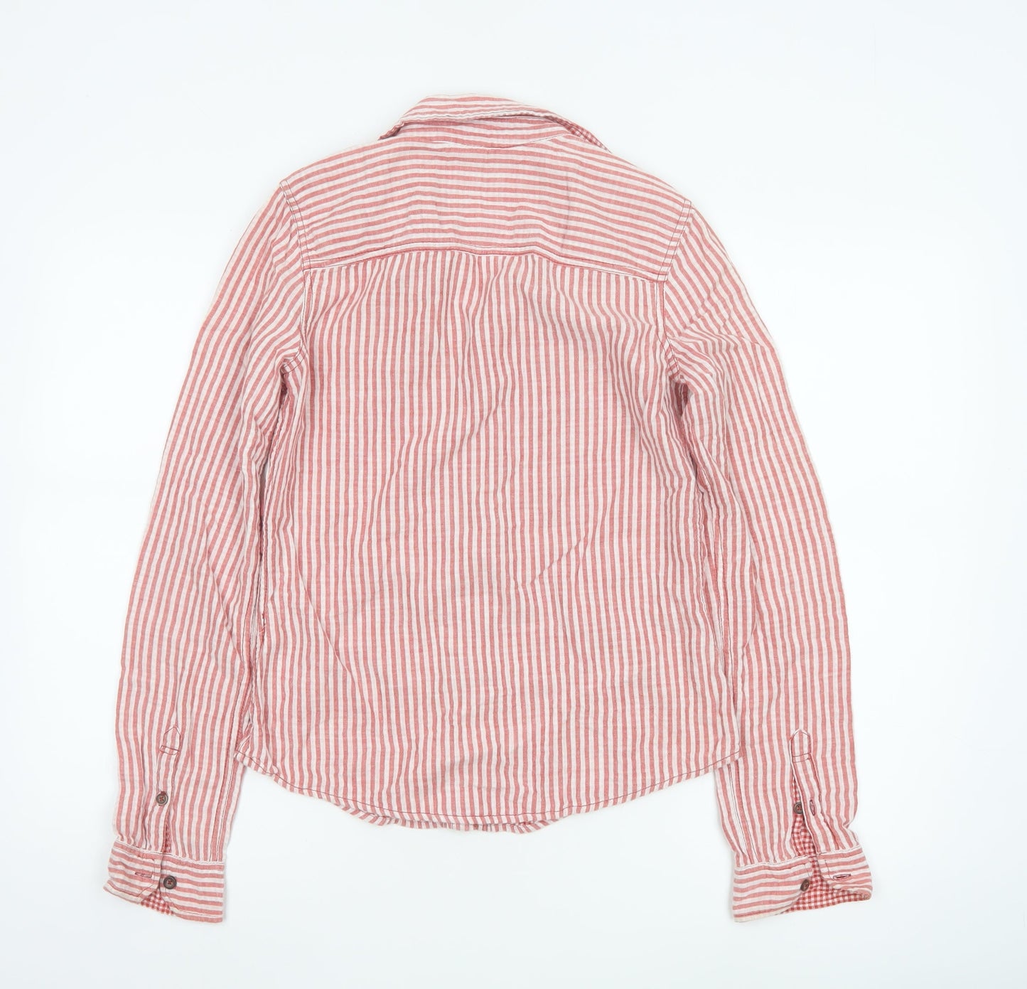 Hollister Women Red Striped Button-Up Shirt Small Cotton Casual